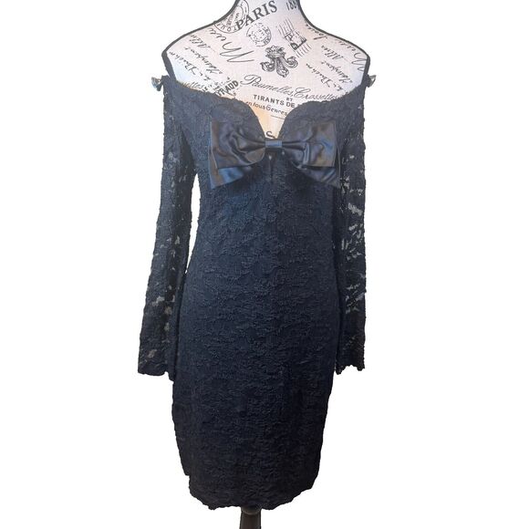 Gunne Sax Dresses & Skirts - Vintage Gunne Sax Black Lace Bow Midi Dress Sz 13/14 Long Sleeve Off Shoulder